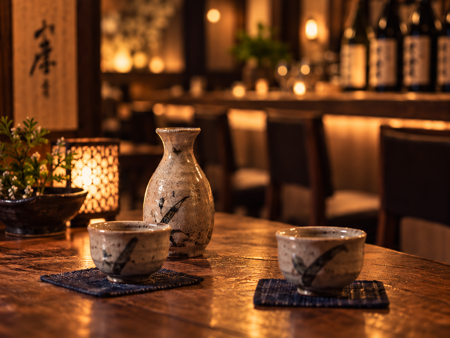 日本酒の徳利と二つのお猪口が並ぶ居酒屋の風景
